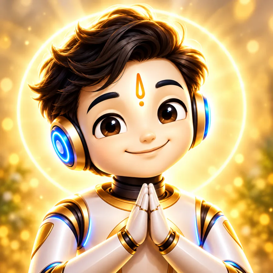 SAI, BWG's AI Sevak — a young sevak in namaste with a gentle golden halo